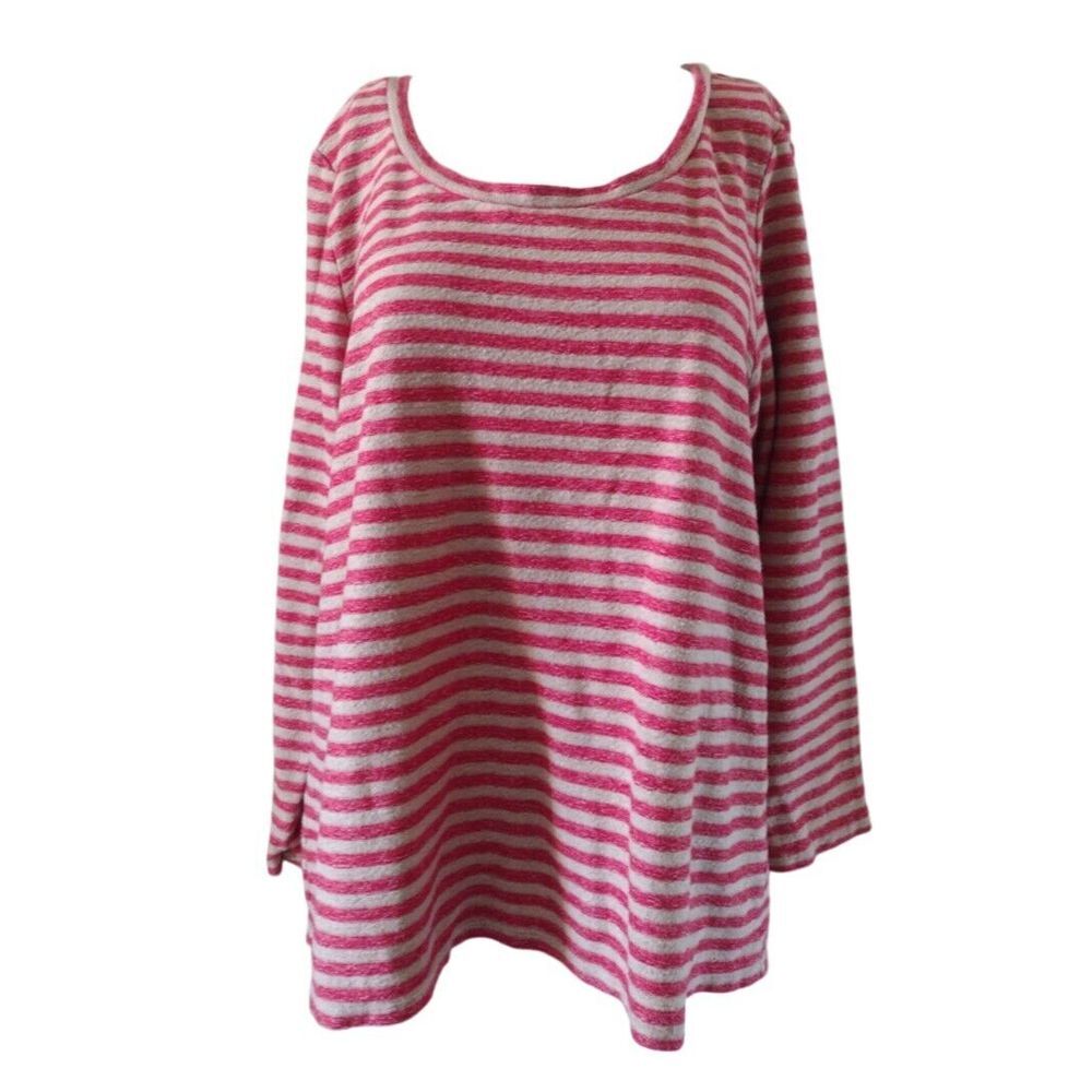 J Jill Tee Women L Red Tan Striped Long Sleeve Pullover Casual‎ Ladies Vacation